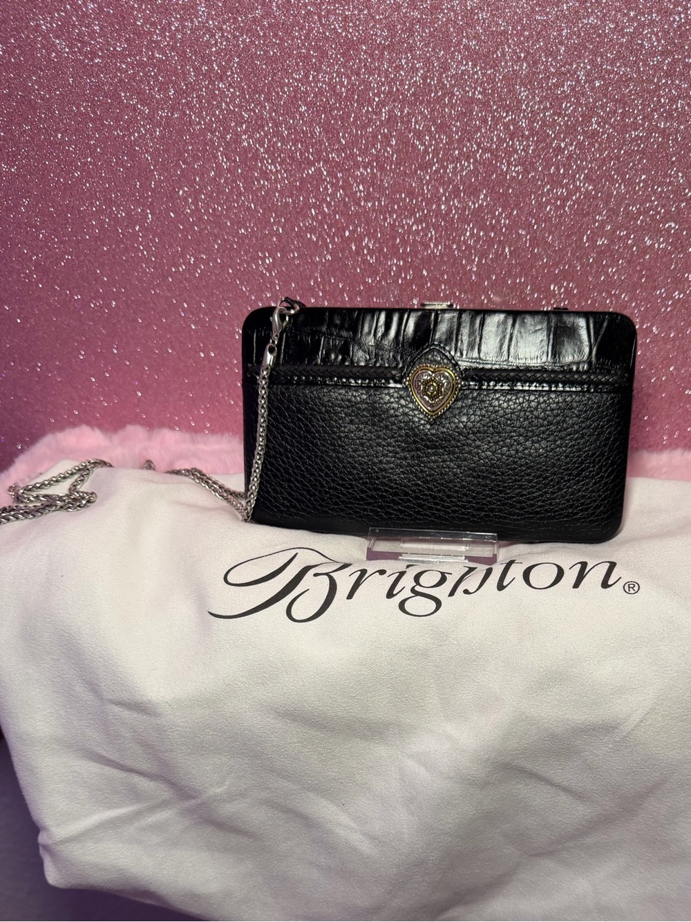 Brighton Black Leather Wallet On Chain Crossbody Clutch Heart Croc + Dust Bag